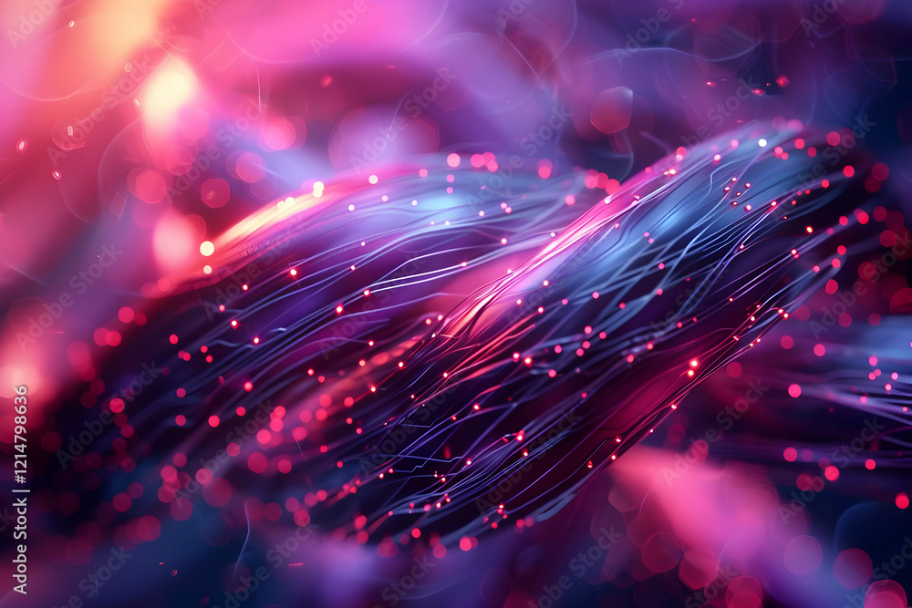 Poster abstract background shows flowing lines with glowing particles dynamically across a vibrant canvas