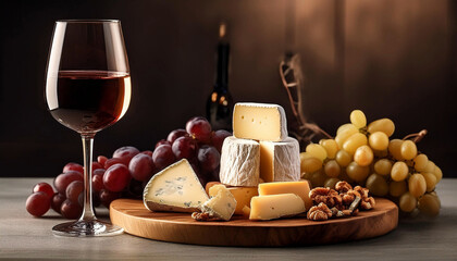 Naklejka premium Delicious Cheese tray with grapes and some fine wine with cosy background