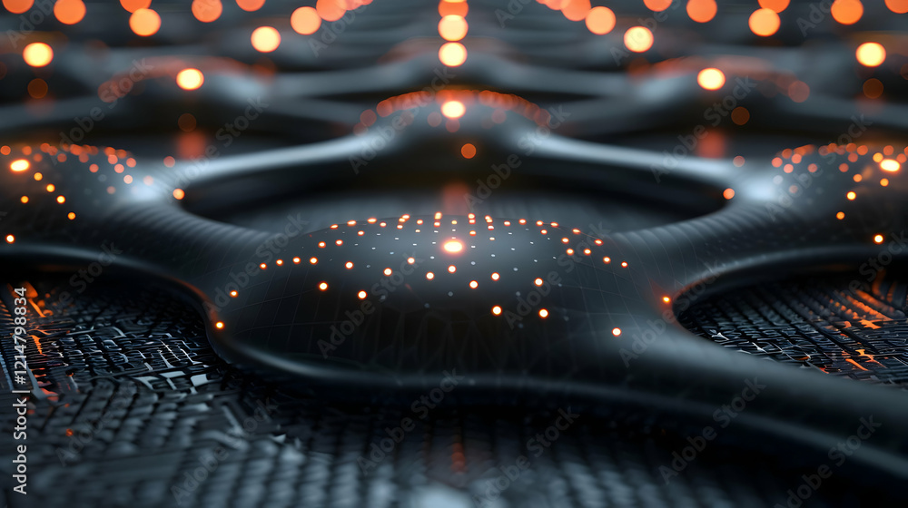 Poster abstract 3d render of interconnected nodes with glowing orange lights on a dark surface