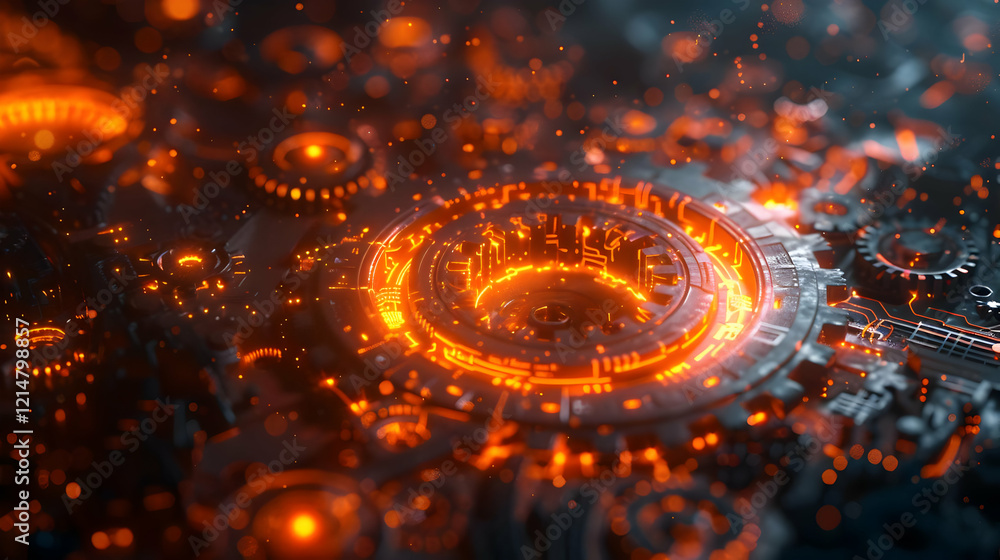 Poster intricate glowing mechanism with gears and circuits illuminates a dark background with fiery sparks