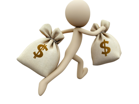 Isolated 3D Character Running with Money Bags