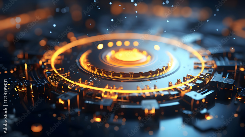 Poster futuristic glowing circular device emits orange light in abstract dark background with bokeh effects