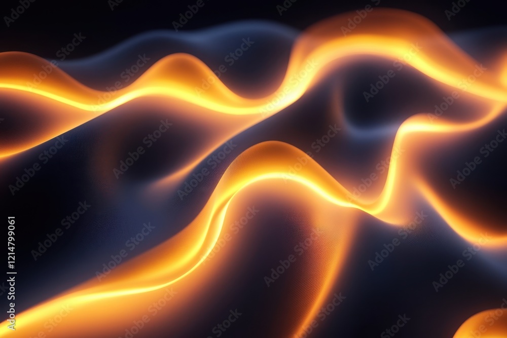 Poster curved lines of glowing light create an abstract wave pattern in dark space