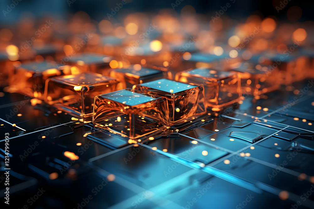 Poster 3d render of glowing cubes on a metallic surface with abstract lighting effects