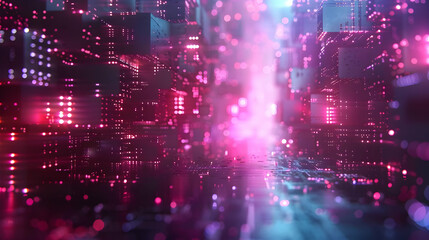 Obraz premium Abstract 3D Cityscape Illuminates with Pink and Blue Lights Creates Futuristic Ambiance with Bokeh Effect