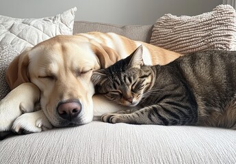 Peaceful Moments of Friendship Between a Sleeping Dog and a Cat on a Cozy Couch Surrounded by Soft Textures and Warm Tones in a Comfortable Living Space