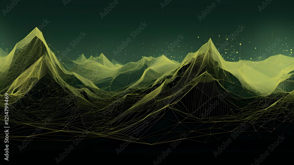 Poster abstract 3d wireframe mountain landscape forms a stunning visual with connecting lines and nodes.