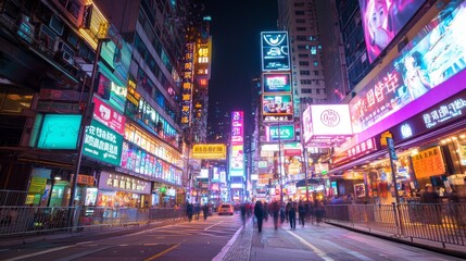 Fototapeta premium Urban Nightscape: Glowing Advertisements and Pedestrian Chaos in Cinematic Detail