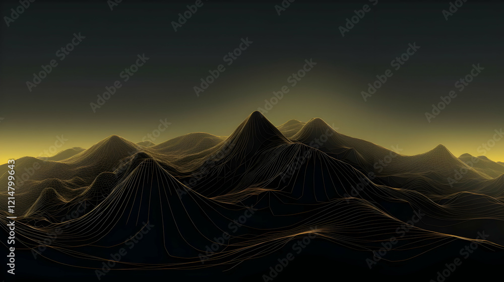 Poster abstract 3d wireframe landscape forms golden mountains in a dark and atmospheric setting