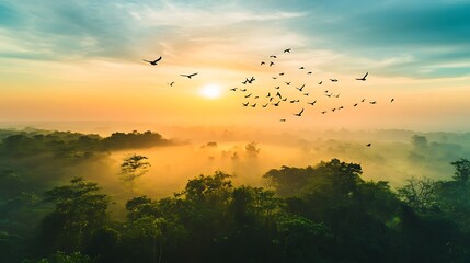 Obraz premium Birds soaring in the sky above a protected green environment