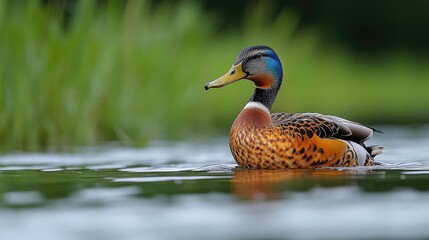Male duck swims tranquil pond, reeds background, wildlife