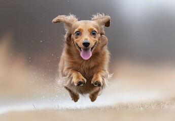 Playful and Energetic Dog Captured Mid-Flight, Joyfully Leaping Through a Softly Blurred Outdoor Background on a Sunny Day