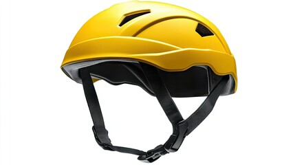 A side view of a yellow safety helmet, displaying its adjustable chin strap and smooth surface, against a white background