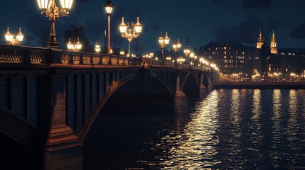 Urban Elegance: Classic City Bridge Illuminated by Lamp Posts over Dark River - Cinematic Ultra-Detailed Image