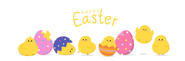 Happy Easter greeting card with cute yellow chick, colourful eggs and baby chickens. Animal wildlife holiday cartoon character. -Vector.