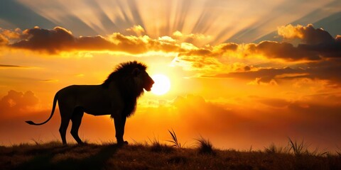 African lion's silhouette standing in front of a sunset over the savannah , lions, golden hour,  lions