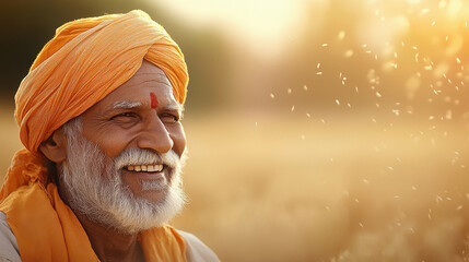 senior indian farmer sitting at wheat field