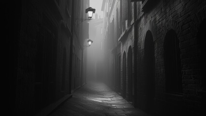 Fototapeta premium Shadows in the Alley - Cinematic High-Contrast Vantage with Meandering Silhouettes in Ultra-Detailed Setting
