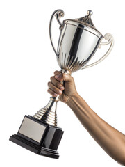 hand raise a silver trophy cup, victory or success concept. on a transparent background with a clipping path