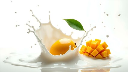 ripe mango splashing into fresh milk with green leaf. Perfect for promoting smoothies, dairy products, healthy eating and refreshing summer drinks.