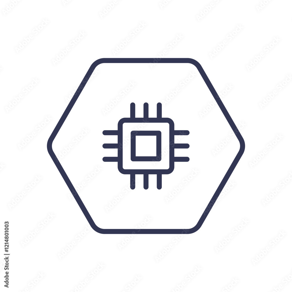Poster hexagon with a microchip symbol, representing cloud computing power.