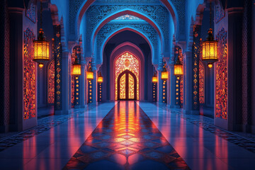 Obraz premium Interior of the mosque in morocco style. Islamic Interior. Beautiful Background for Ramadan Kareem Greeting card, banner, invitation. Ramadan Lanterns
