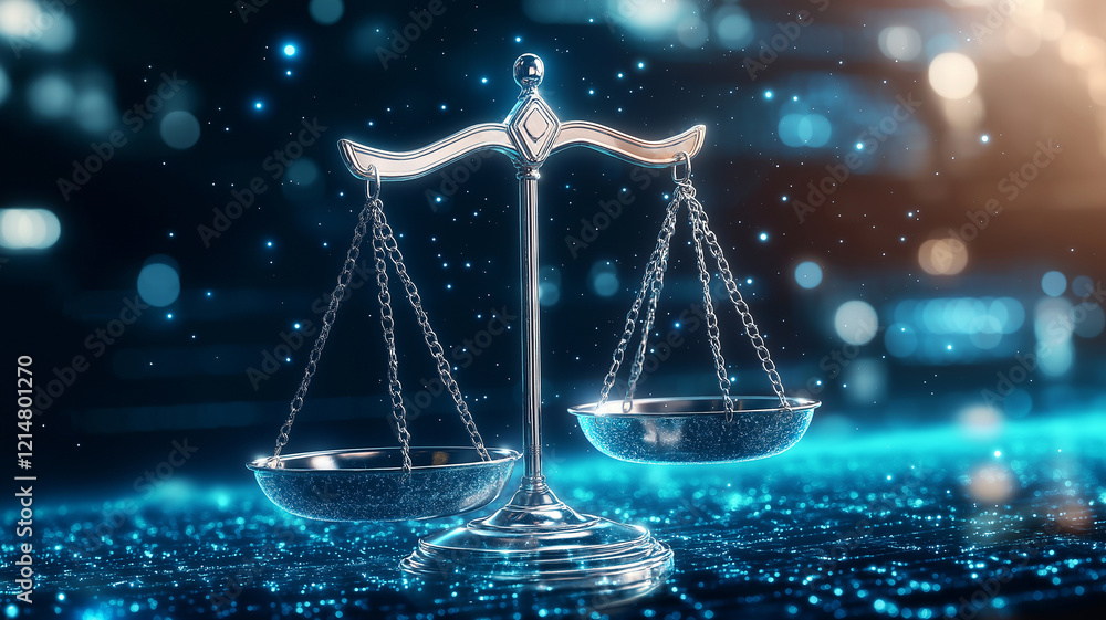 Poster glowing digital background features balanced scale symbolizing justice and fairness. intricate desig