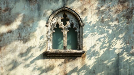 A small, decorative window with a retro visor, casting a stark shadow pattern on a vintage wall