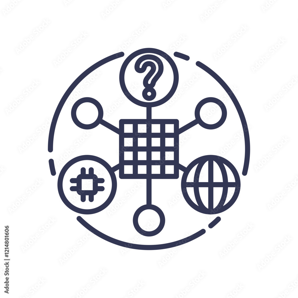 Aufkleber central grid with question mark, chip, and globe symbolizes iterativeinquiry's interconnected explor