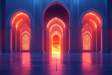Fototapeta premium Arches of Mosque in marrakesh morocco. Abstract Islamic interior. Beautiful illustration for Greeting card, banner, invitation, postcard for muslim holiday. Eid Mubarak Ramadan Kareem