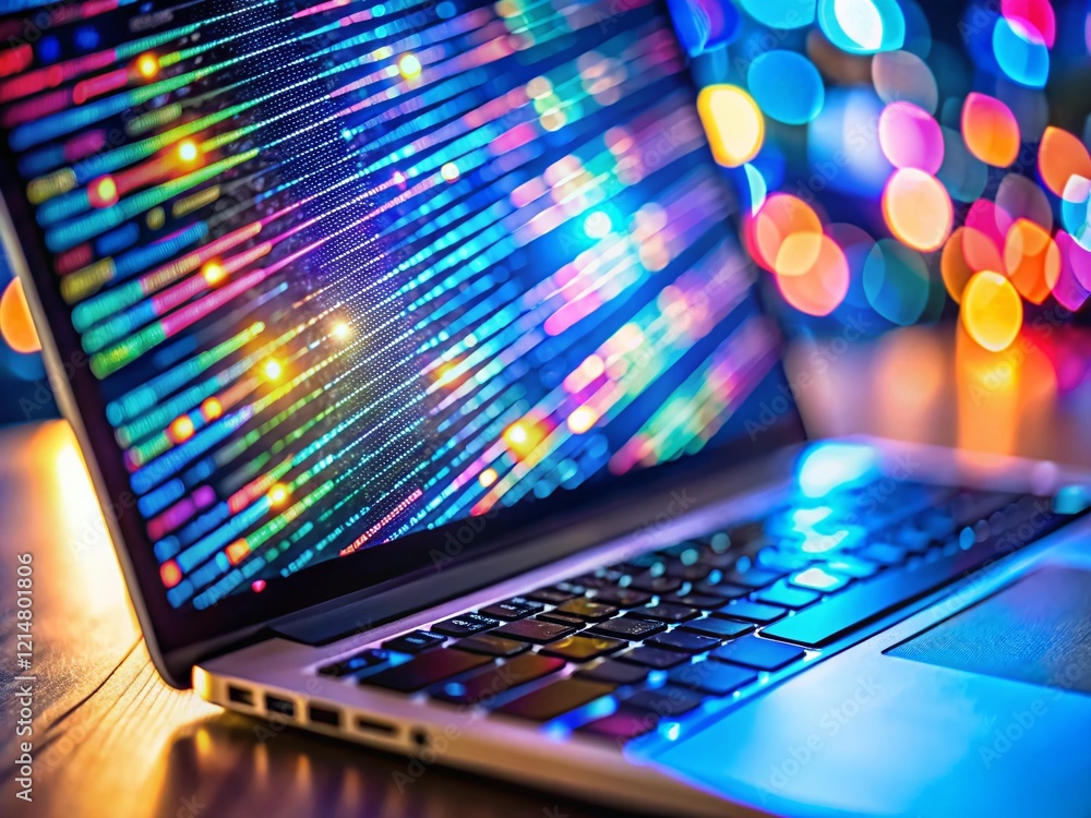 Poster close-up laptop screen coding, blurred background - software development stock photo