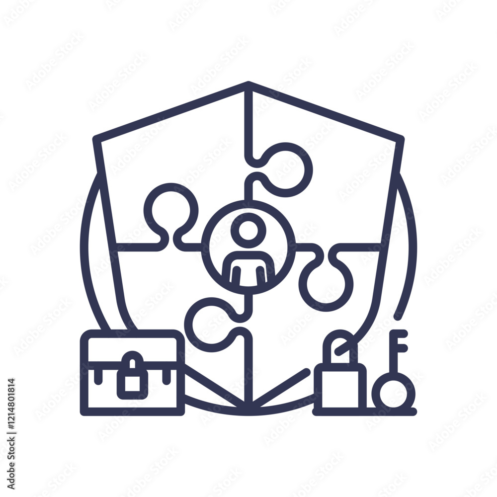 Aufkleber shield with puzzle pieces, lock, and key symbolizing comprehensive security solutions.