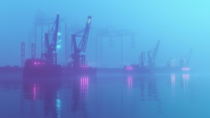 Obraz premium Maritime Mystique: Foggy Harbor with Silhouetted Ship Masts and Industrial Cranes under Soft Lights, Cinematic Reflections on Calm Waters