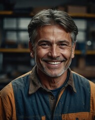 Obraz premium Portrait of a smiling mature carpenter standing in his workshop.