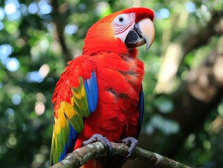A vibrant parrot perched on a branch amidst green foliage.