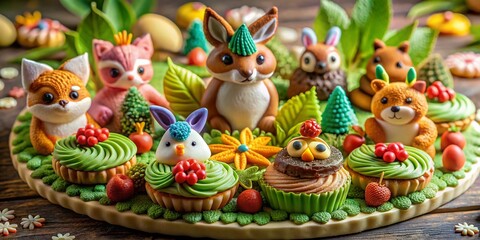 Whimsical Forest Animal Pattern Dessert Platter: Cute woodland creatures on delicious pastries