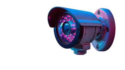 A surveillance camera with multiple colored lights around it.