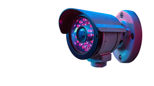 A surveillance camera with multiple colored lights around it.
