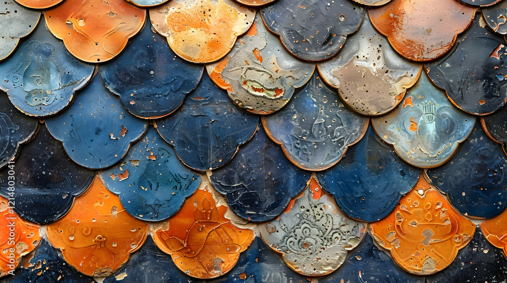 Poster Intricate Weathered Ceramic Tiles Form a Decorative Surface with Unique Patterns