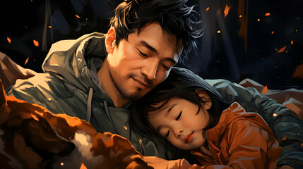 A Father and Daughter Share a Peaceful Moment, Embracing Each Other Tenderly Under Warm Light