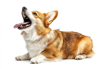 Playful Corgi Dog with Tongue Out in a Whimsical Pose on a Bright White Background, Capturing the Essence of Joyful Pets and Their Energetic Personalities