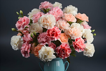 Fototapeta premium Pink and White Carnations Bloom Beautifully in a Blue Vase Against a Dark Background