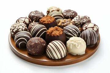 Assorted gourmet chocolates displayed on a wooden plate, beautifully arranged against a white background.