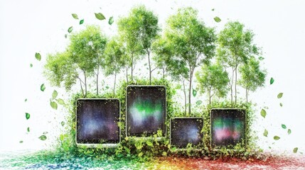 Vibrant Nature Digital Art Featuring Colorful Trees and Abstract Screens