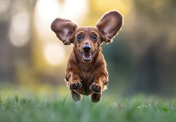 Playful Dachshund Dog Joyfully Running in a Sunny Park with Floppy Ears and Expressive Face, Perfect for Capturing Happiness and Energy in Animal Photography