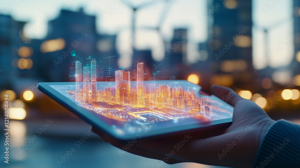 Poster hand holds tablet displaying hologram of futuristic city skyline, illuminated with vibrant colors. b