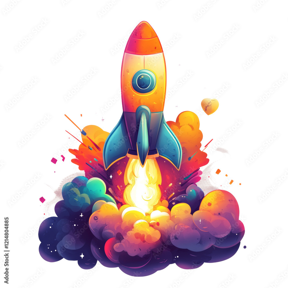 Poster a vibrant illustration depicts a colorful rocket blasting off, surrounded by a dynamic explosion of 