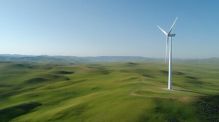 Fototapeta premium A wind turbine in a vast green field with clear skies