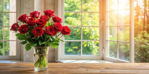 Fototapeta premium A delicate arrangement of long-stemmed red roses in a elegant vase on a wooden table, with soft natural light filtering through the window , luxury, interior