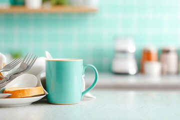 Obraz premium colorful retro kitchen scene featuring pile of dirty dishes, cutlery, and turquoise mug. vibrant background adds cheerful atmosphere to space